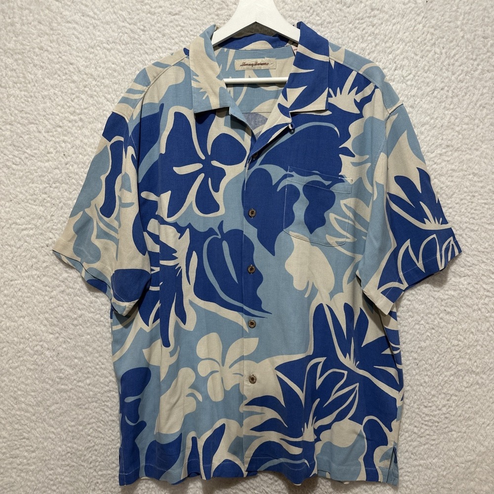 Tommy Bahama Men's Hawaiian Shirt Size XL Blue Floral Button Up Beach Tropical